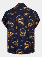 Aloha Cotton Shirt with Short Sleeves, Buttons, and Orange Skull Pattern for Men