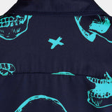 Aloha Hawaiian Short Sleeve Shirt, Blue Skull Print, Artistic Graphic Button