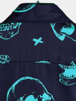 Aloha Hawaiian Short Sleeve Shirt, Blue Skull Print, Artistic Graphic Button