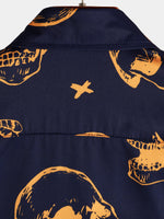 Aloha Cotton Shirt with Short Sleeves, Buttons, and Orange Skull Pattern for Men