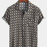 Black Short-Sleeve Summer Shirt, Vintage Geometric Floral Pattern