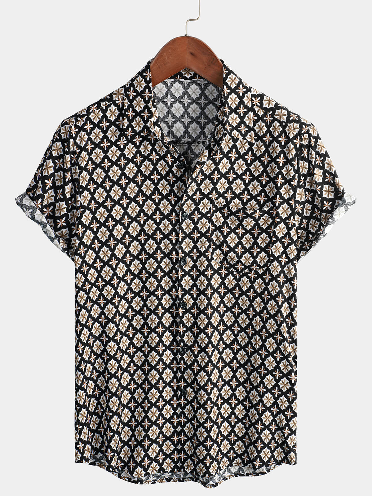 Black Short-Sleeve Summer Shirt, Vintage Geometric Floral Pattern