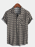 Black Short-Sleeve Summer Shirt, Vintage Geometric Floral Pattern