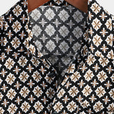Black Short-Sleeve Summer Shirt, Vintage Geometric Floral Pattern