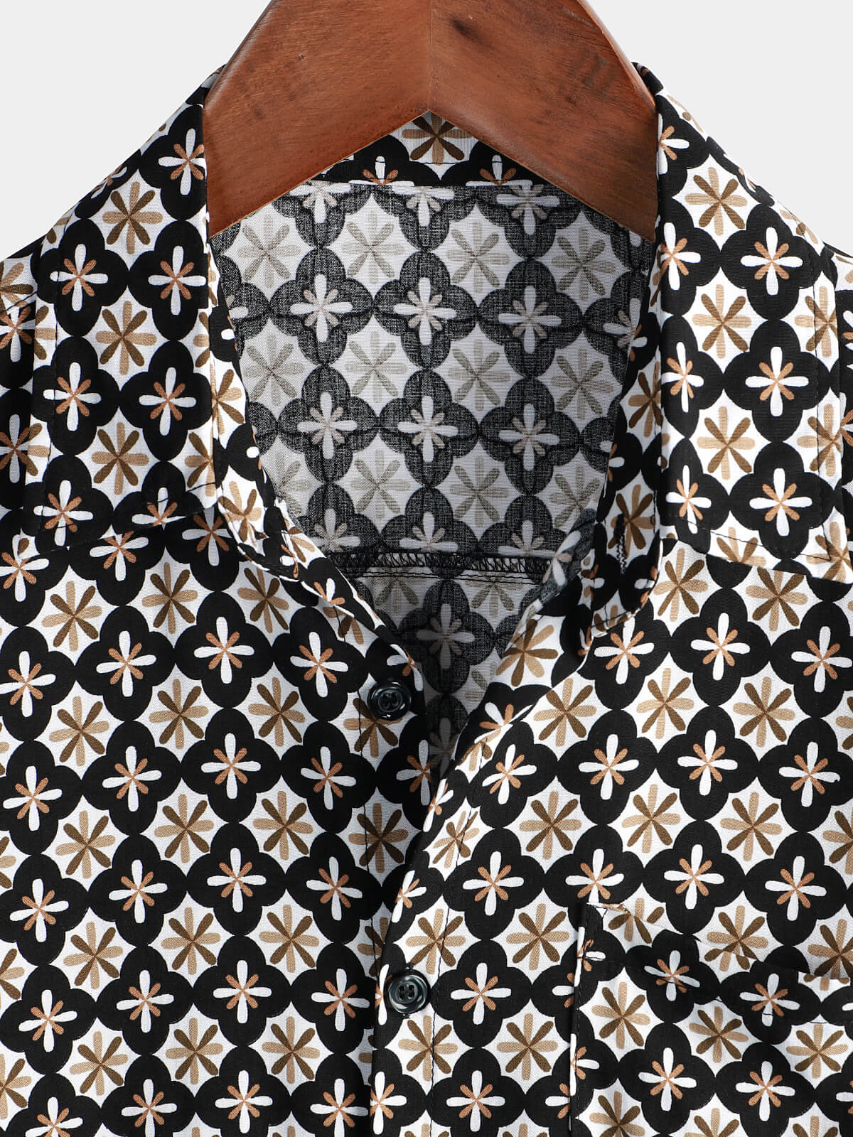 Black Short-Sleeve Summer Shirt, Vintage Geometric Floral Pattern