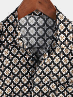 Black Short-Sleeve Summer Shirt, Vintage Geometric Floral Pattern