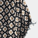 Black Short-Sleeve Summer Shirt, Vintage Geometric Floral Pattern