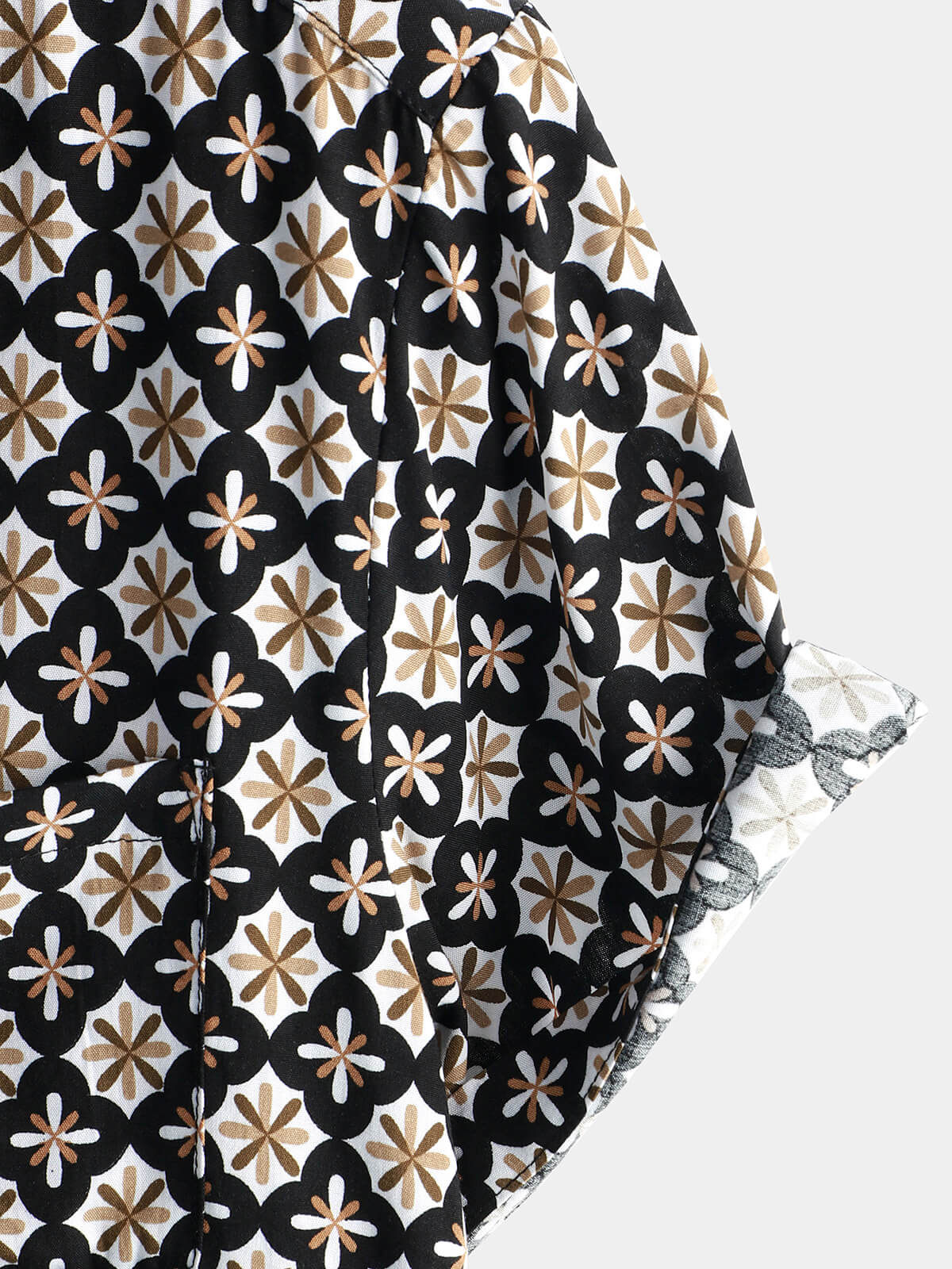 Black Short-Sleeve Summer Shirt, Vintage Geometric Floral Pattern