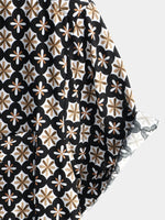Black Short-Sleeve Summer Shirt, Vintage Geometric Floral Pattern