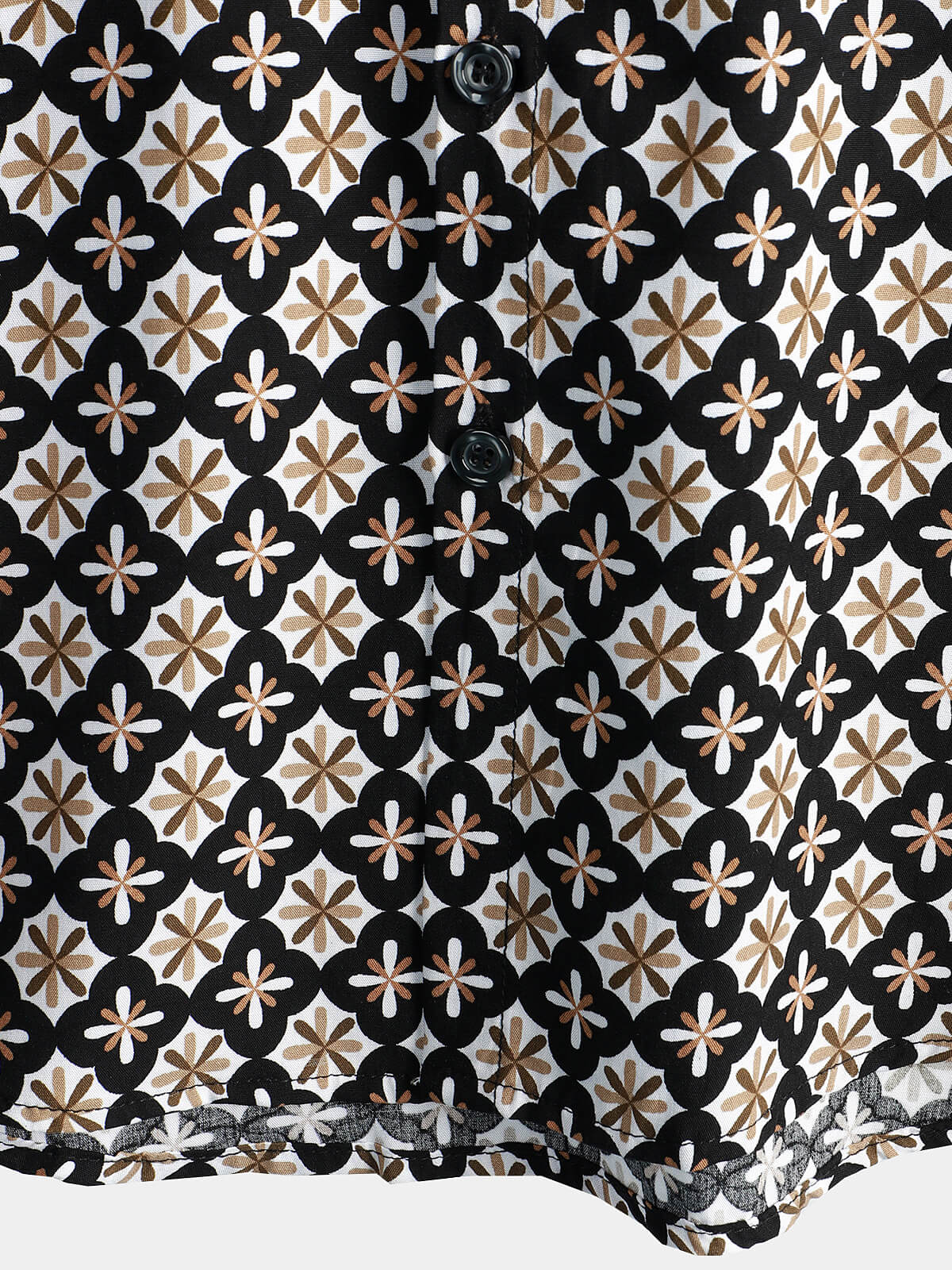 Black Short-Sleeve Summer Shirt, Vintage Geometric Floral Pattern