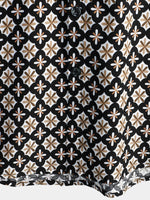 Black Short-Sleeve Summer Shirt, Vintage Geometric Floral Pattern