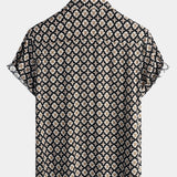 Black Short-Sleeve Summer Shirt, Vintage Geometric Floral Pattern