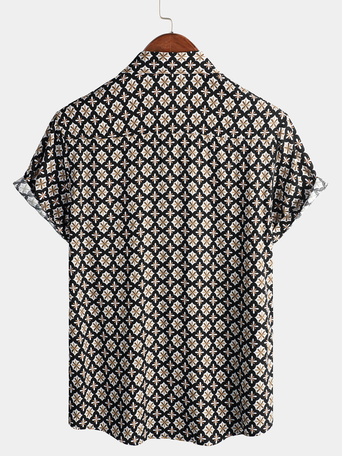 Black Short-Sleeve Summer Shirt, Vintage Geometric Floral Pattern