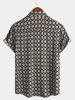 Black Short-Sleeve Summer Shirt, Vintage Geometric Floral Pattern