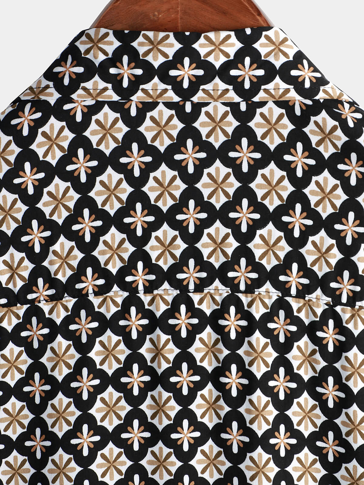 Black Short-Sleeve Summer Shirt, Vintage Geometric Floral Pattern