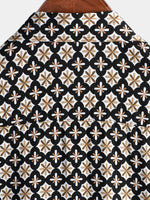 Black Short-Sleeve Summer Shirt, Vintage Geometric Floral Pattern