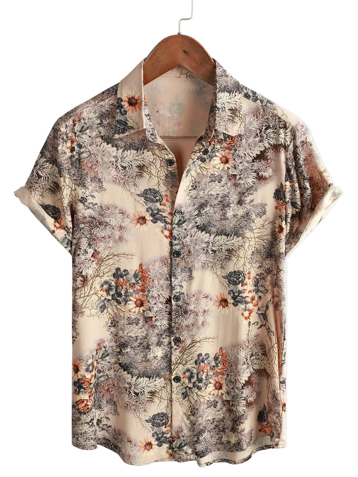 Retro Cotton Casual Shirt with Floral Button Pattern for Men