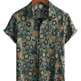 Men's Shirt Short Sleeve Vintage Style Cotton with Floral Pattern