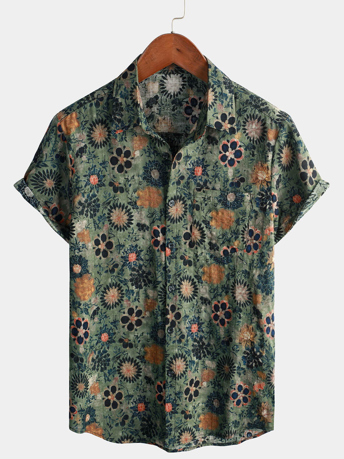 Green Hawaiian Short Sleeve Shirt with Vintage Floral Print