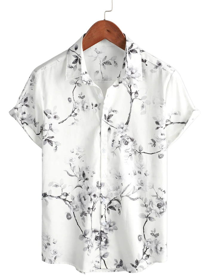White Floral Hawaiian Cotton Shirt for Men