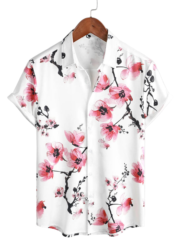 Summer Shirt with Short Sleeves in Pink Flowers for Men