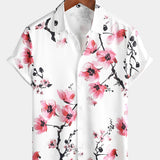 Casual Pink Floral Cherry Blossom Print Shirt, Short Sleeves