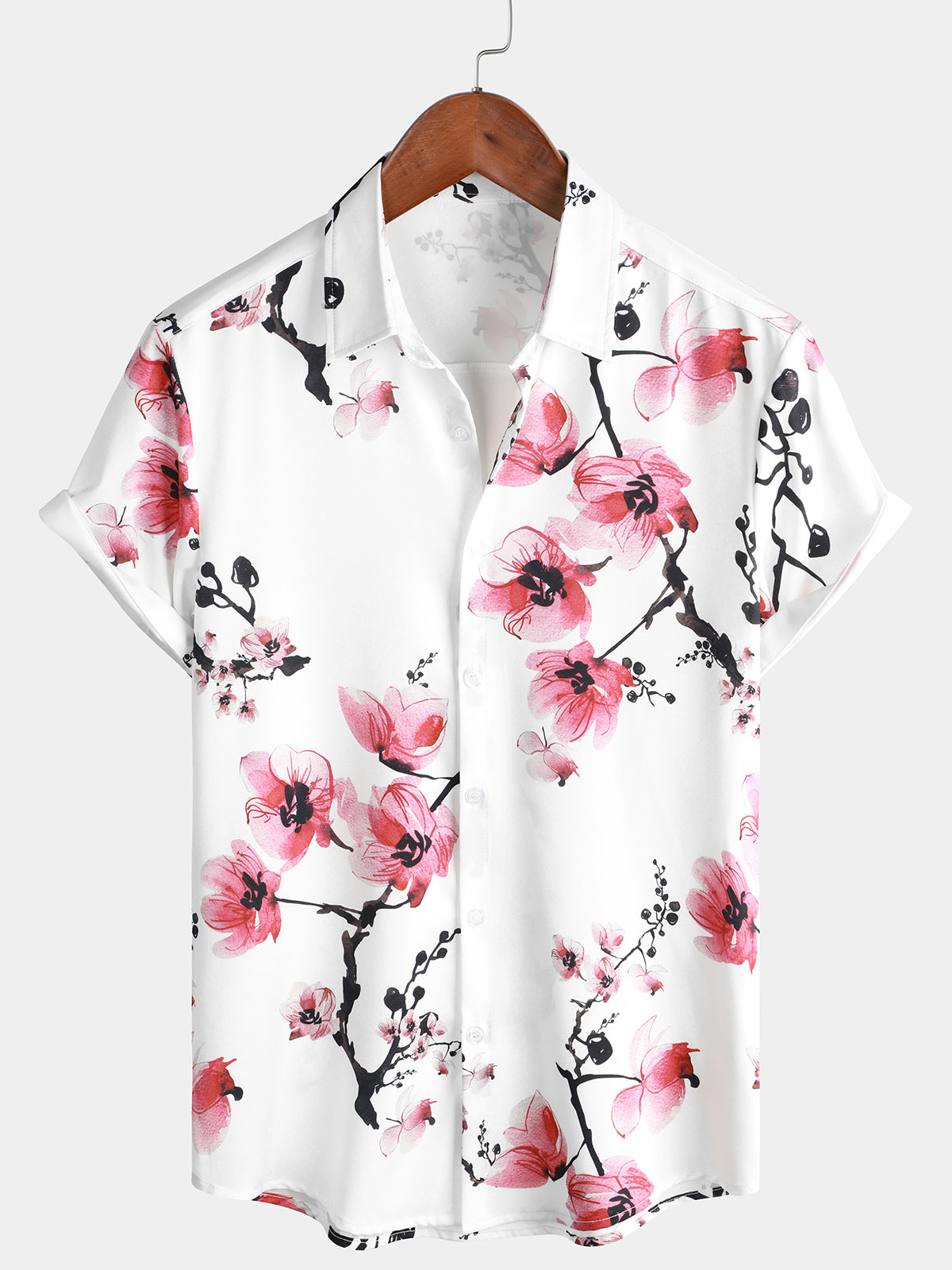 Casual Pink Floral Cherry Blossom Print Shirt, Short Sleeves