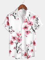 Casual Pink Floral Cherry Blossom Print Shirt, Short Sleeves