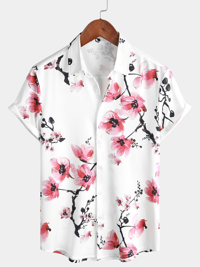 Casual Pink Floral Cherry Blossom Print Shirt, Short Sleeves