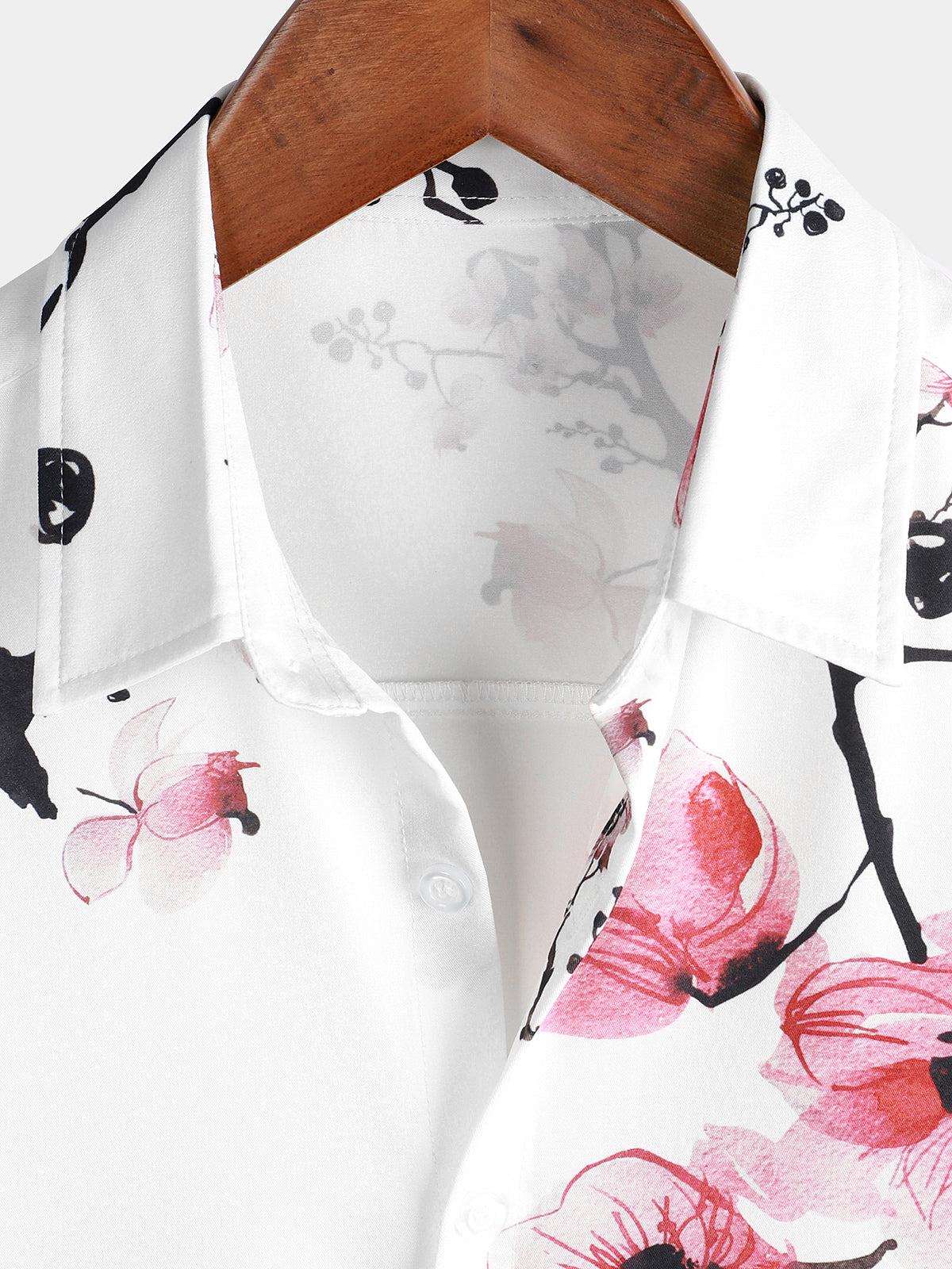 Casual Pink Floral Cherry Blossom Print Shirt, Short Sleeves