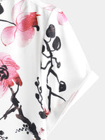 Casual Pink Floral Cherry Blossom Print Shirt, Short Sleeves