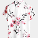 Casual Pink Floral Cherry Blossom Print Shirt, Short Sleeves
