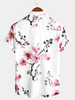 Casual Pink Floral Cherry Blossom Print Shirt, Short Sleeves