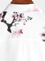 Casual Pink Floral Cherry Blossom Print Shirt, Short Sleeves