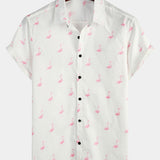 Button-Up Short Sleeve Shirt with Pink Flamingo Print