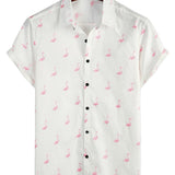 Men's Cotton Short-Sleeve Shirt with Pink Flamingo Pattern
