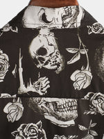 Men's Cotton Short-Sleeve Shirt with Cool Pink Skull Flower Buttons, Punk Rock and Roll