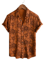 Men's Cotton Shirt with Short Sleeve and Buttons, Vintage Brown Floral Pattern, Breathable for Vacation