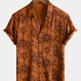 Button-Up Short Sleeve Breathable Shirt with Brown Floral Print