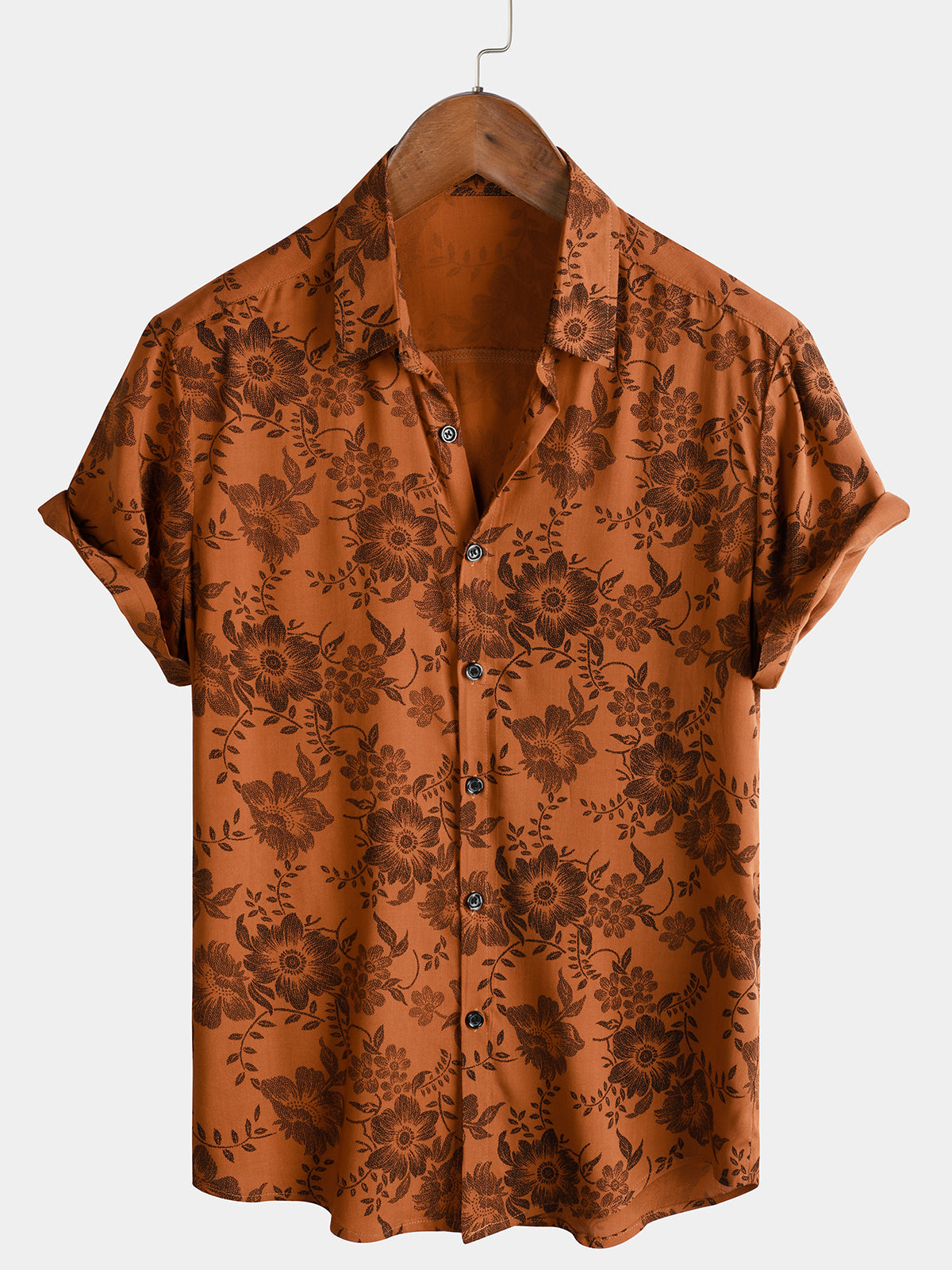 Button-Up Short Sleeve Breathable Shirt with Brown Floral Print