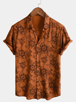 Button-Up Short Sleeve Breathable Shirt with Brown Floral Print