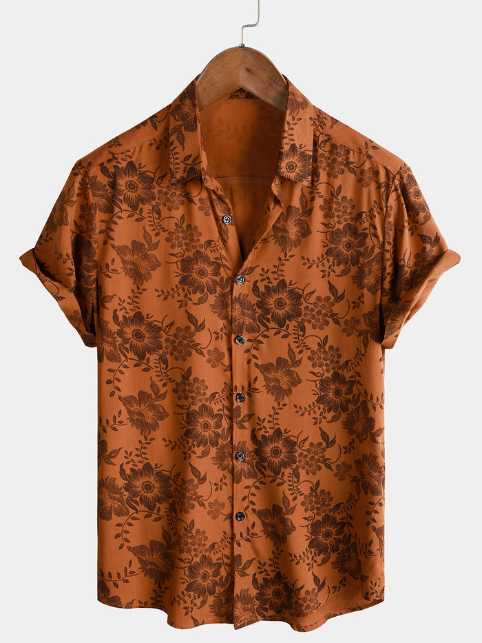 Button-Up Short Sleeve Breathable Shirt with Brown Floral Print