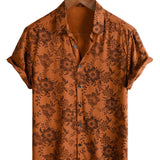 Men's Brown Vintage Floral Cotton Shirt for Summer with Buttons and Short Sleeve Breathable