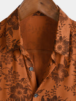 Button-Up Short Sleeve Breathable Shirt with Brown Floral Print