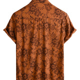 Men's Cotton Shirt with Short Sleeve and Buttons, Vintage Brown Floral Pattern, Breathable for Vacation