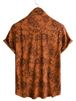 Men's Cotton Shirt with Short Sleeve and Buttons, Vintage Brown Floral Pattern, Breathable for Vacation