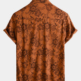 Button-Up Short Sleeve Breathable Shirt with Brown Floral Print