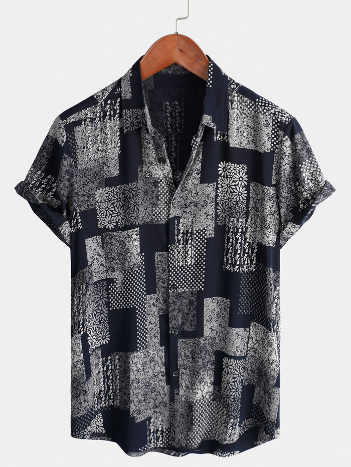 Button-Up Short Sleeve Shirt with Patchwork Daisy Floral Print, Vintage Retro Vacation