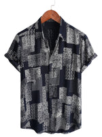 Men's Cotton Shirt Short Sleeve with Buttons, Floral Patch Pattern, Vintage, Retro, for Vacation