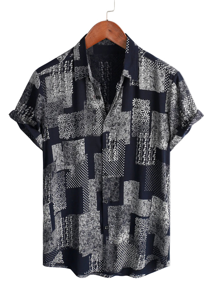 Men's Cotton Shirt Short Sleeve with Buttons, Floral Patch Pattern, Vintage, Retro, for Vacation
